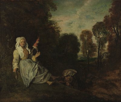 Evening Landscape with Spinner by Jean Antoine Watteau